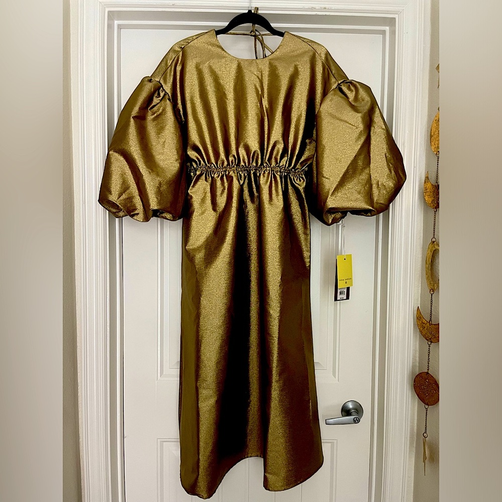 NEW Kika Vargas Target Exclusive Gold Tea Length Dress with scalloped V Back